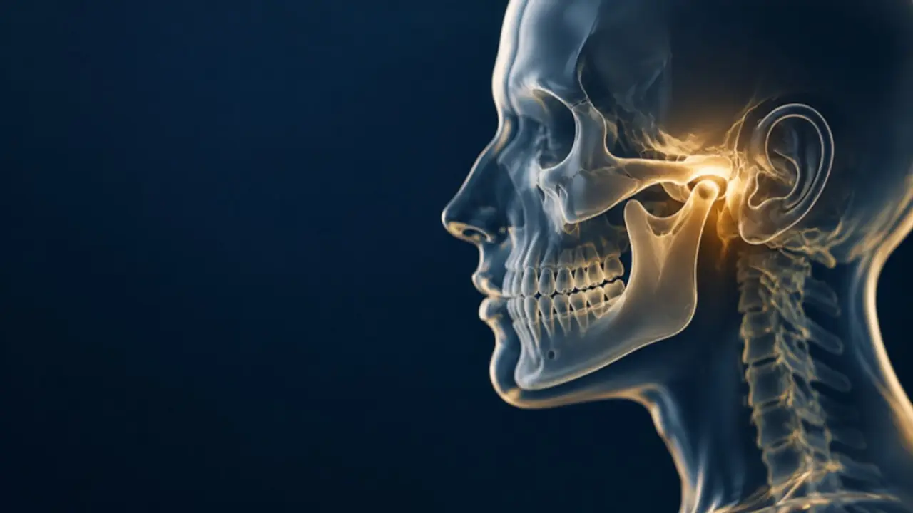 Ilustração da articulação temporomandibular (ATM) destacada em dourado