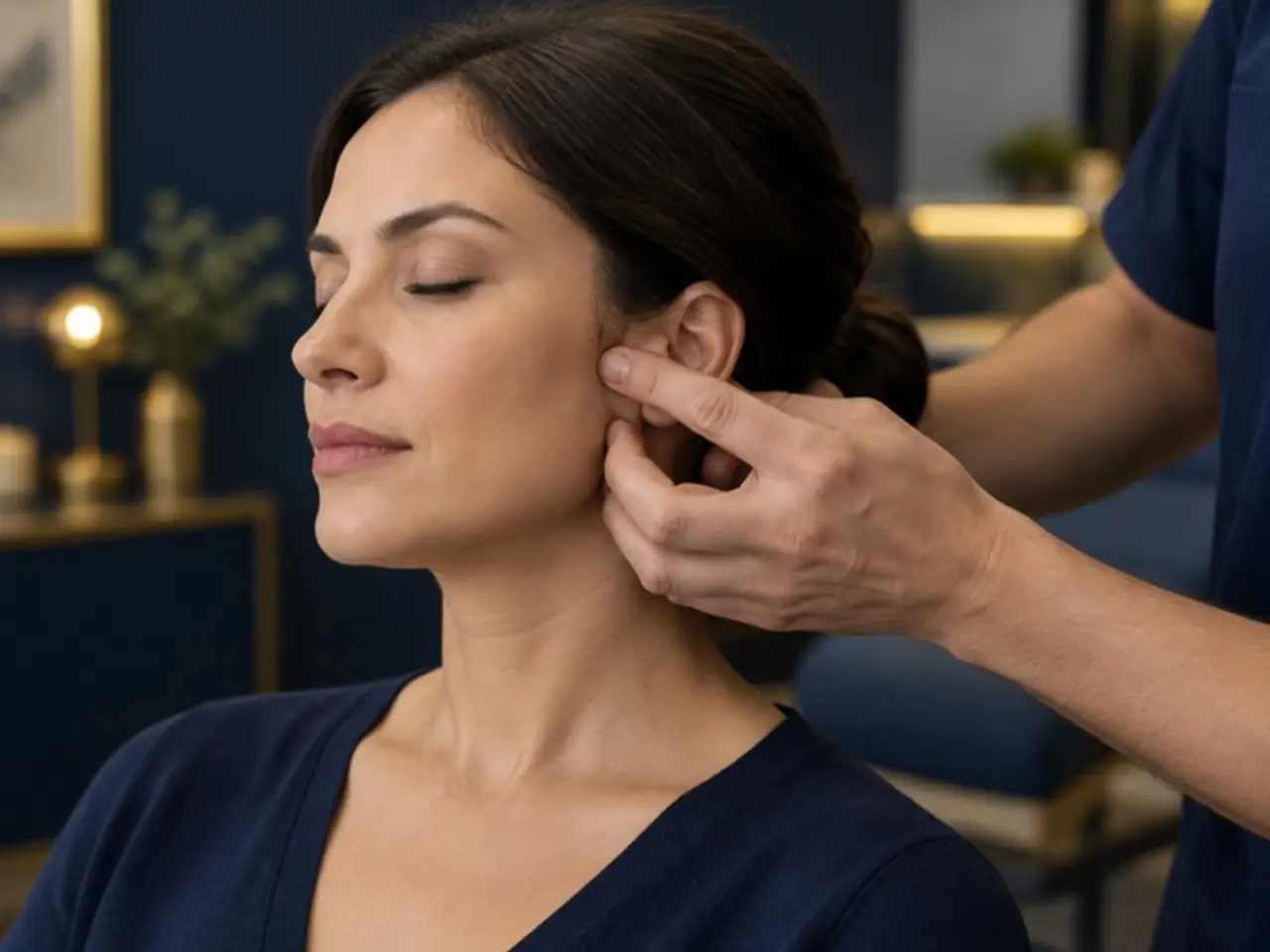 Mãos do especialista examinando a articulação temporomandibular (ATM) de uma paciente