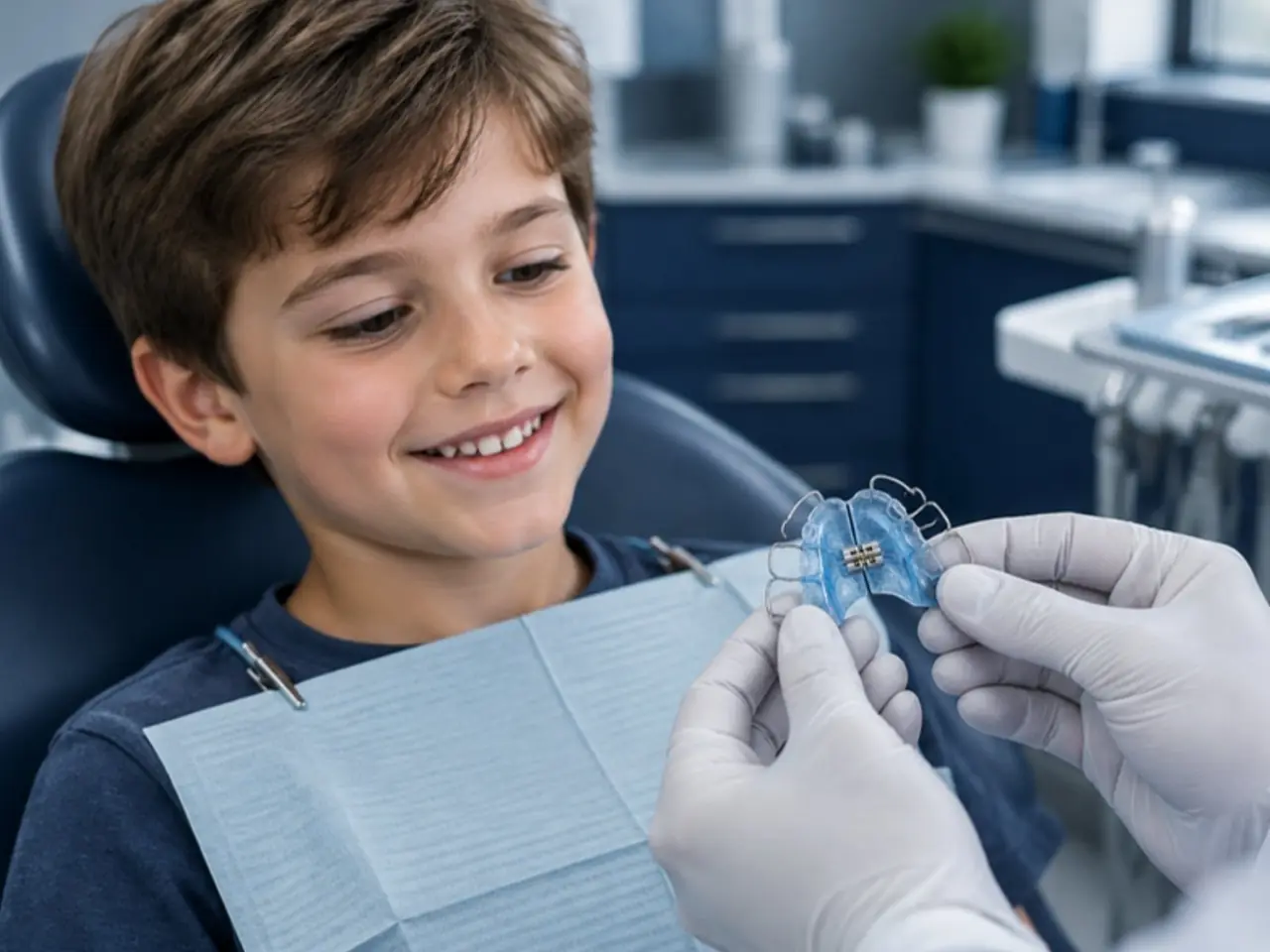 Criança sorrindo observando um aparelho ortopédico removível
