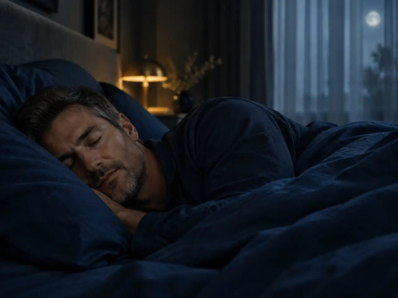 Homem dormindo tranquilamente à noite